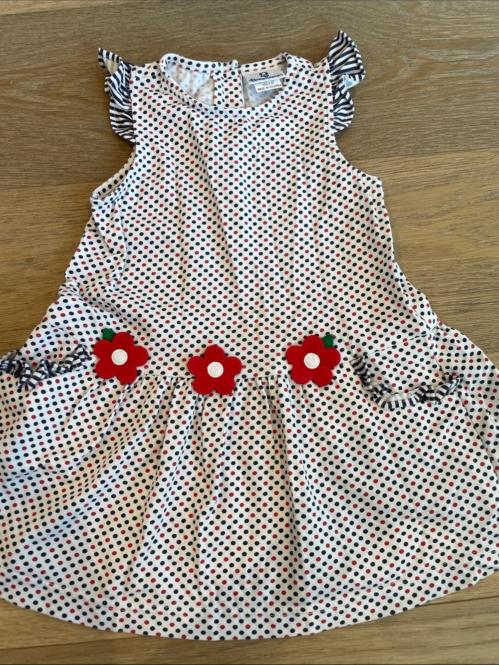 Florence Eiseman White Polka Dot Dress with Red Flower Appliqués
